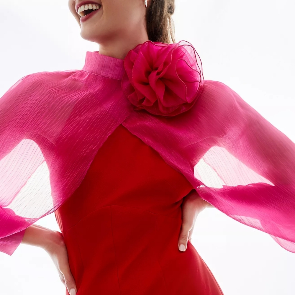 Anthropologie Rosette Tulle Sleeve - Fuchsia Organza Capelet with Floral Accent